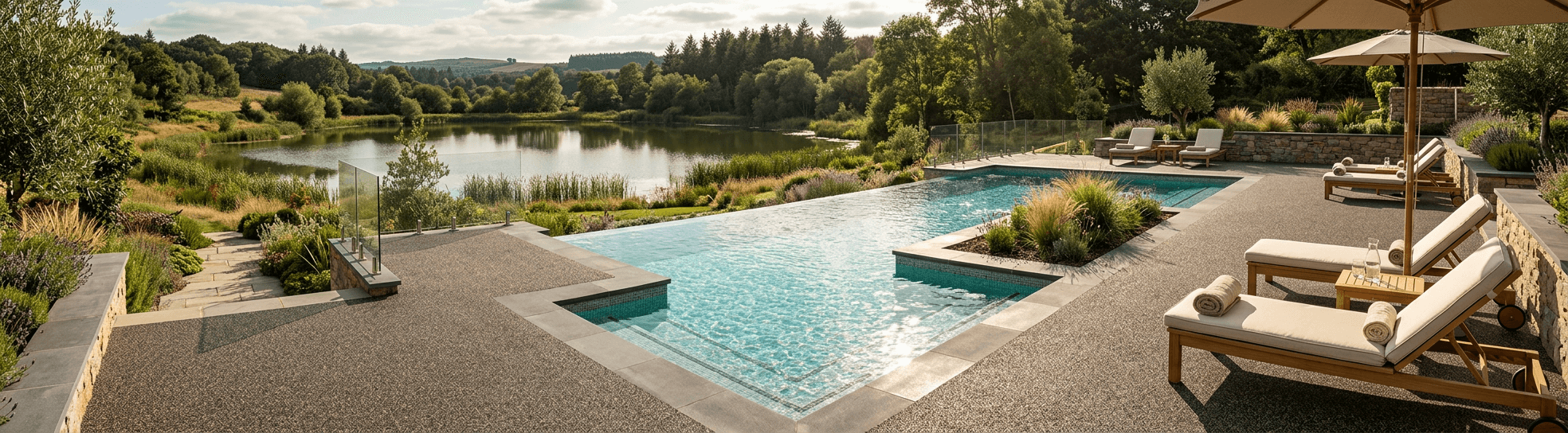 Softroc rubber pool deck overlooking countryside lake