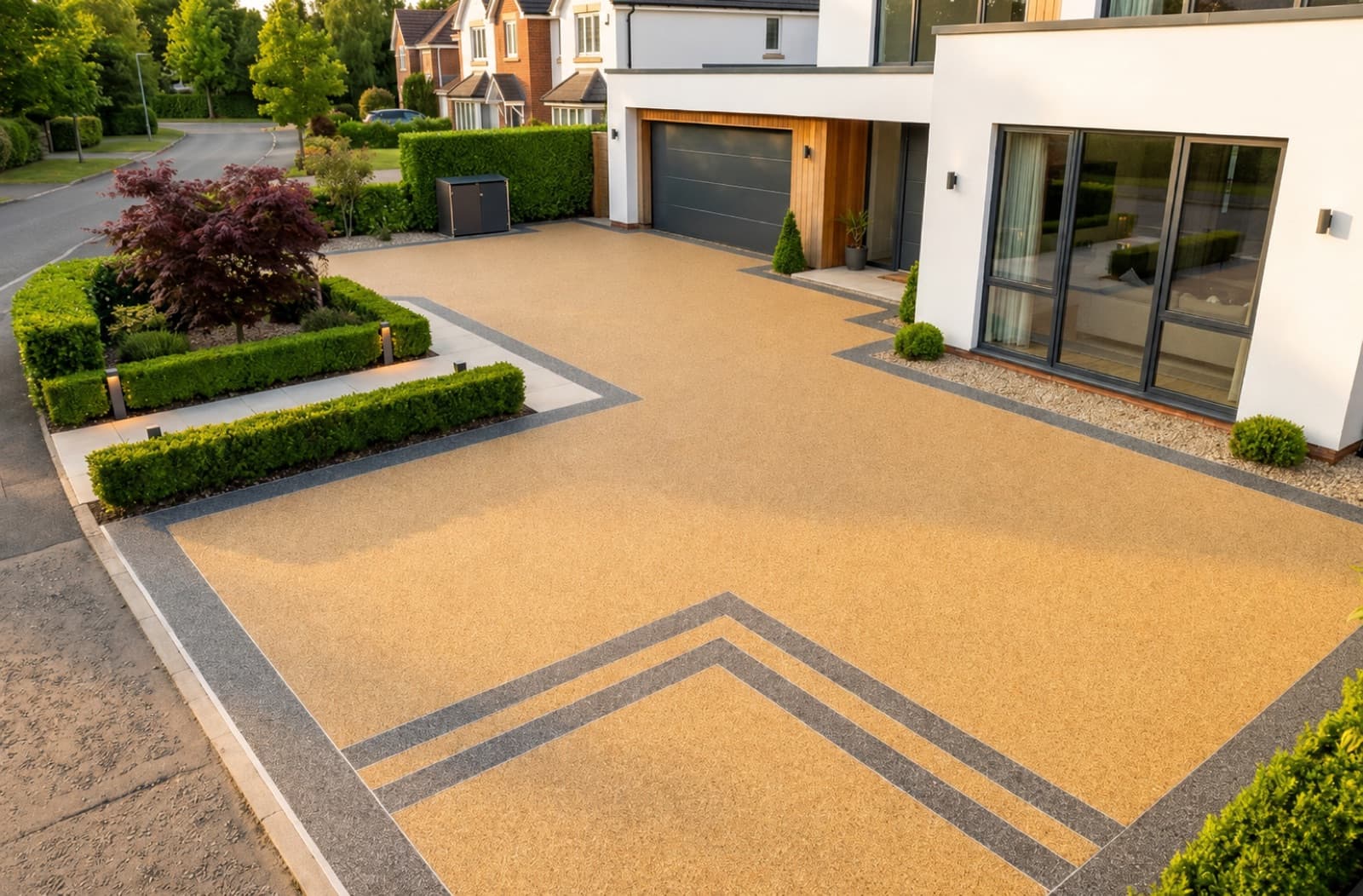 Hardroc resin-bound stone driveway with decorative borders in front of a modern home